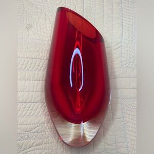 Red Cut Glass Vase 8.5”x5” Angled Top Unsigned Encased Glass